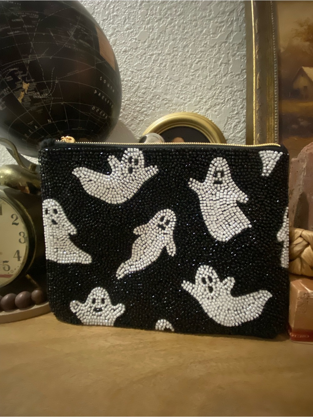 Beaded Ghost Pouch – Black & White Halloween zip up pouch